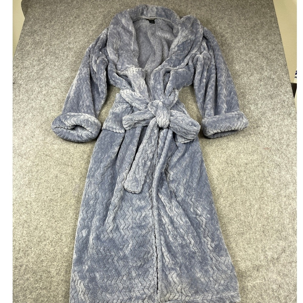 Natori Faux Fur Chevron Robe Womens XL Blue Textured Plush Wrap Belted Long Soft
